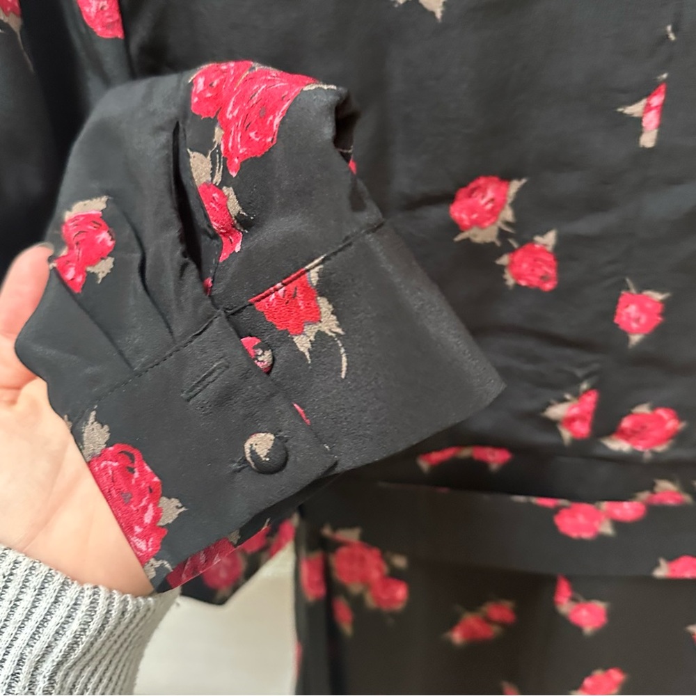 JENESEQUA Bastia Roses Floral Black red Dress Mulberry Silk collared shirt dress - Picture 9 of 16